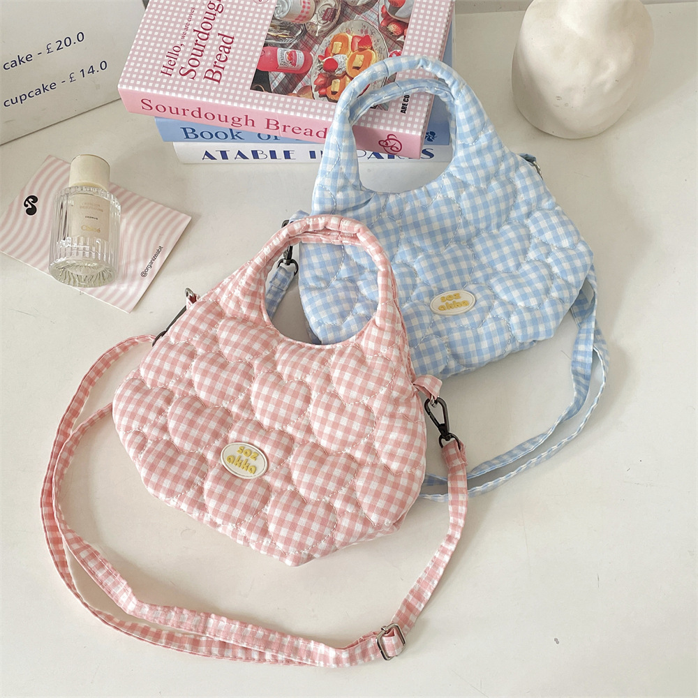 55311 Dopamine-colored girl quilted cotton-padded heart handbag, women's single-shoulder bag, magnetic crossbody canvas bag full figure