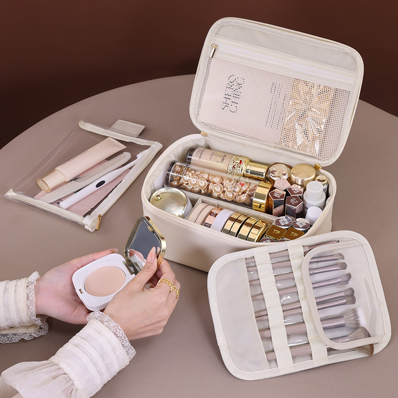 New cross-border 6-zone portable large-capacity high-end makeup case, travel makeup brush and cosmetics storage bag details Picture