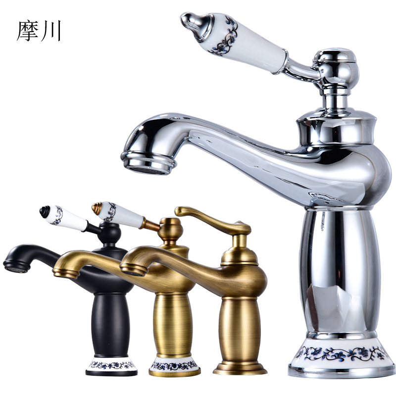 Brass washbasin, hot and cold water faucet, washbasin, bathroom countertop faucet, black splash-proof washbasin faucet full figure