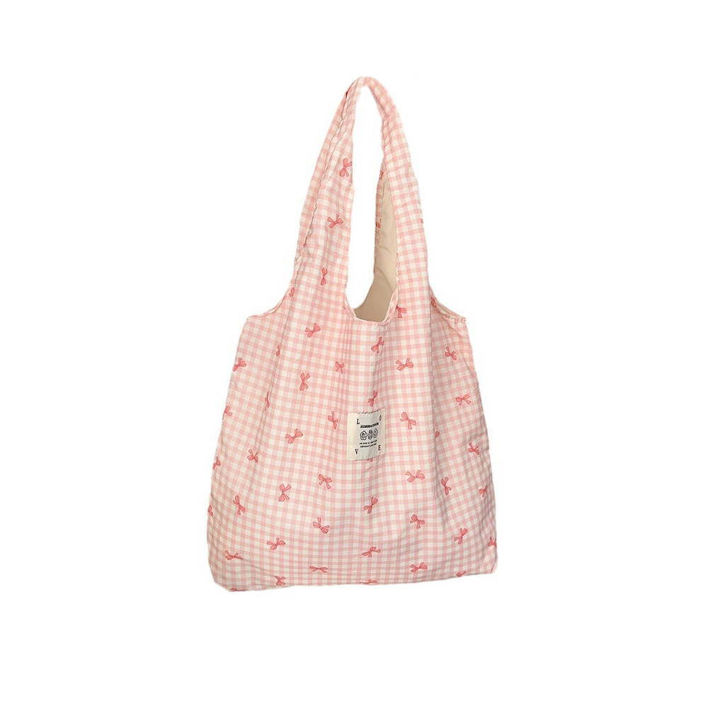 44301 large-capacity simple printed bow canvas bag, single-shoulder bag, open women's shopping bag for shopping, vest bag Item Picture