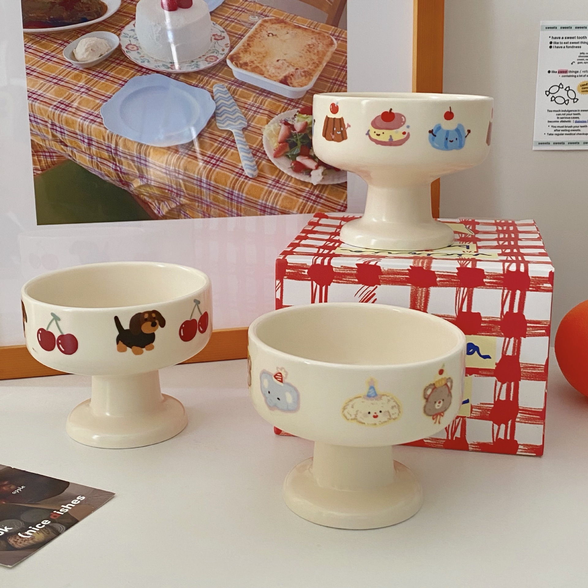 Ins-style Korean cream cute tall bowl, cartoon matte ceramic dessert bowl, tall ice cream bowl, yogurt bowl full figure