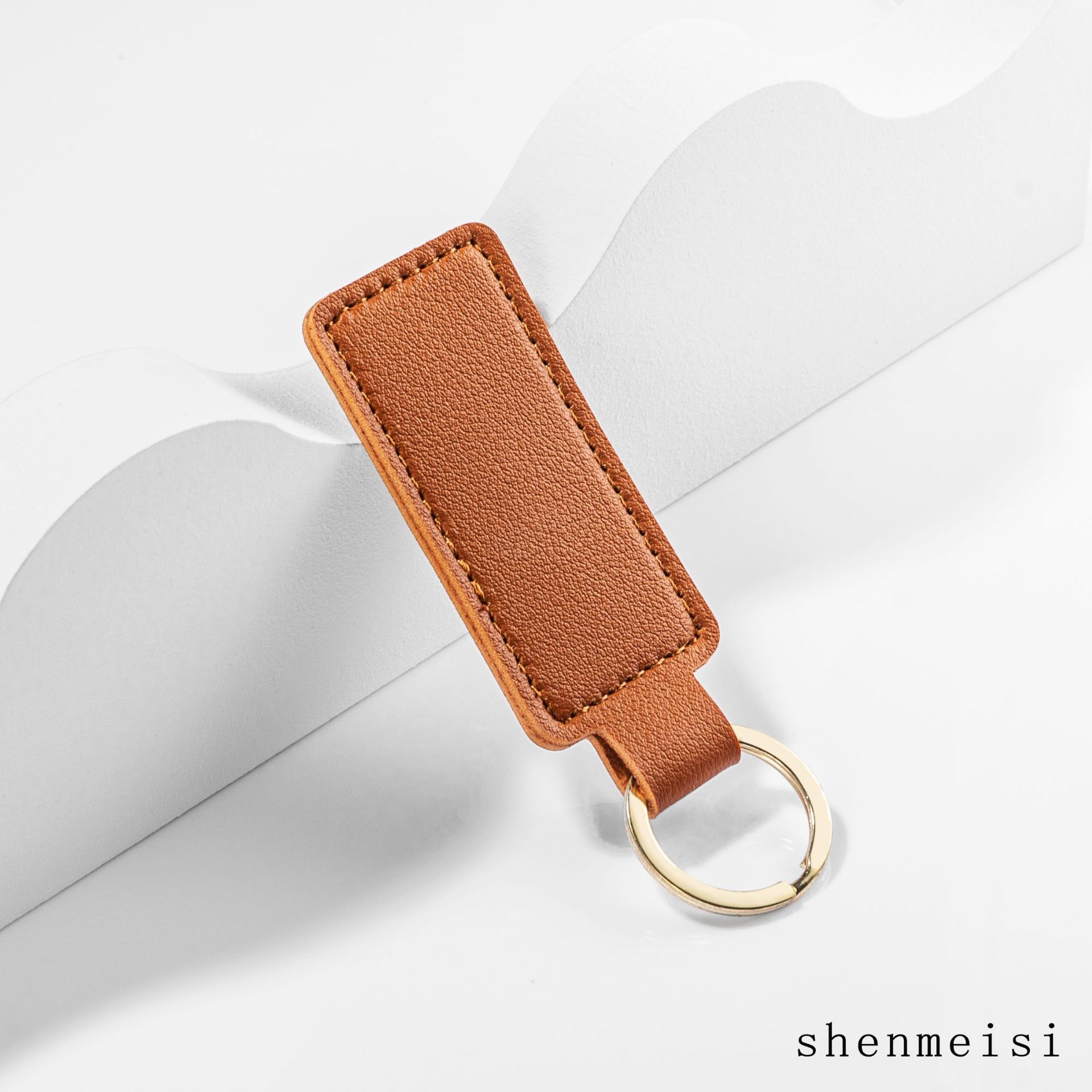 Cross-border pu leather keychain, fashionable and simple square leather buckle, logo printable leather pendant, men's and women's keychain details Picture