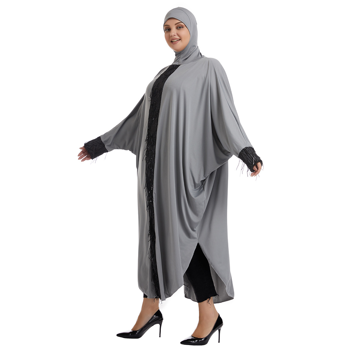Factory stock of oversized women's long gowns, versatile and fashionable women's wear, solid color hooded half-body abaya Middle Eastern dress, long gown women's style hooded Muslin Specification image