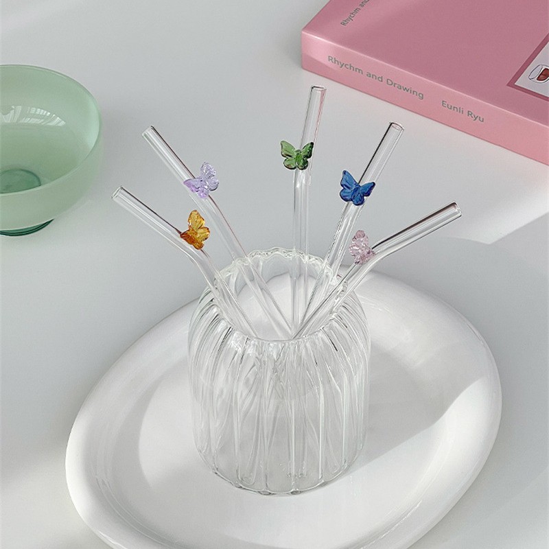Three-dimensional colorful butterfly glass straws, high appearance level, ins style, girlish, heat-resistant milk coffee elbow straws Specification drawing