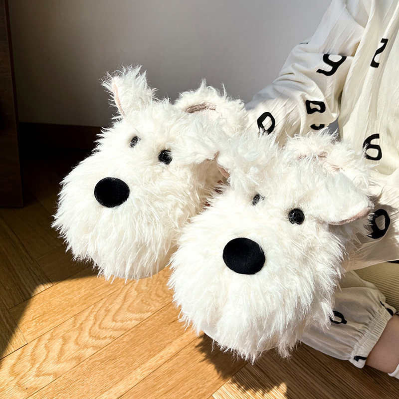 Sloppy little dog cotton slippers for women's winter indoor anti-slip and warm half-pack and plush postpartum soft-soled wool slippers full figure