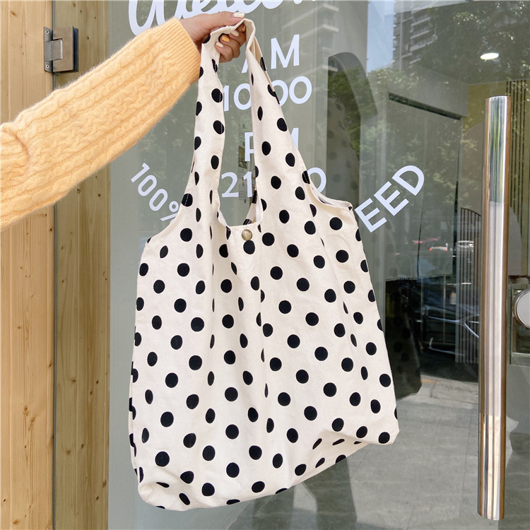 0771 Korean-style chic polka dot tote Bag for female students, simple and retro Artistic canvas bag, hand and shoulder bag wholesale full figure