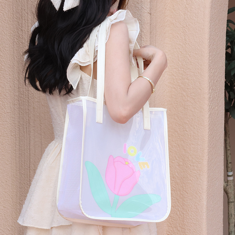 Summer high appearance level travel portable swimming transparent PVC jelly beach bag, large capacity single-shoulder bag wholesale full figure