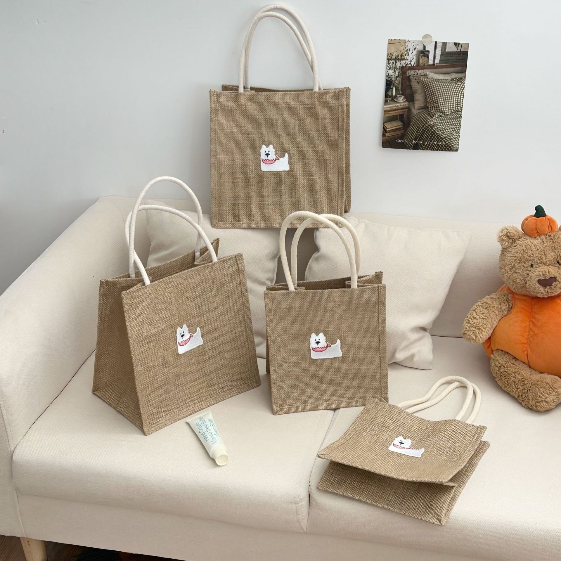 Bib bag, dog, jute bag, storage bag, female summer student, tote cotton and linen bag, shopping bag, handbag, lunch box storage bag Specification drawing
