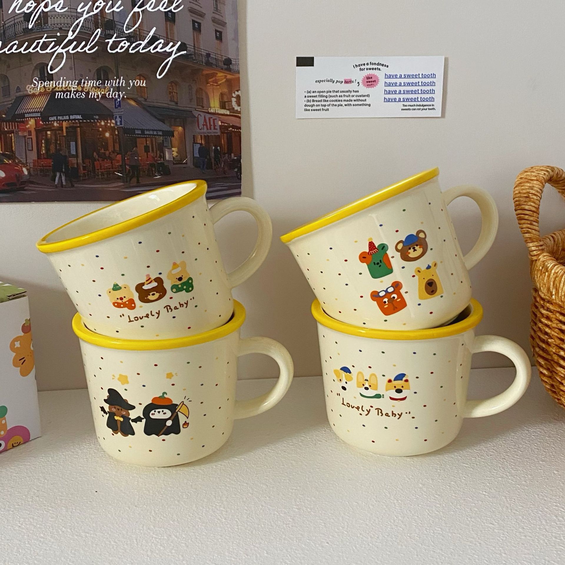 Cute colorful polka dot mugs, milk coffee cups with cartoon illustrations, ceramic cups, gift boxes details Picture