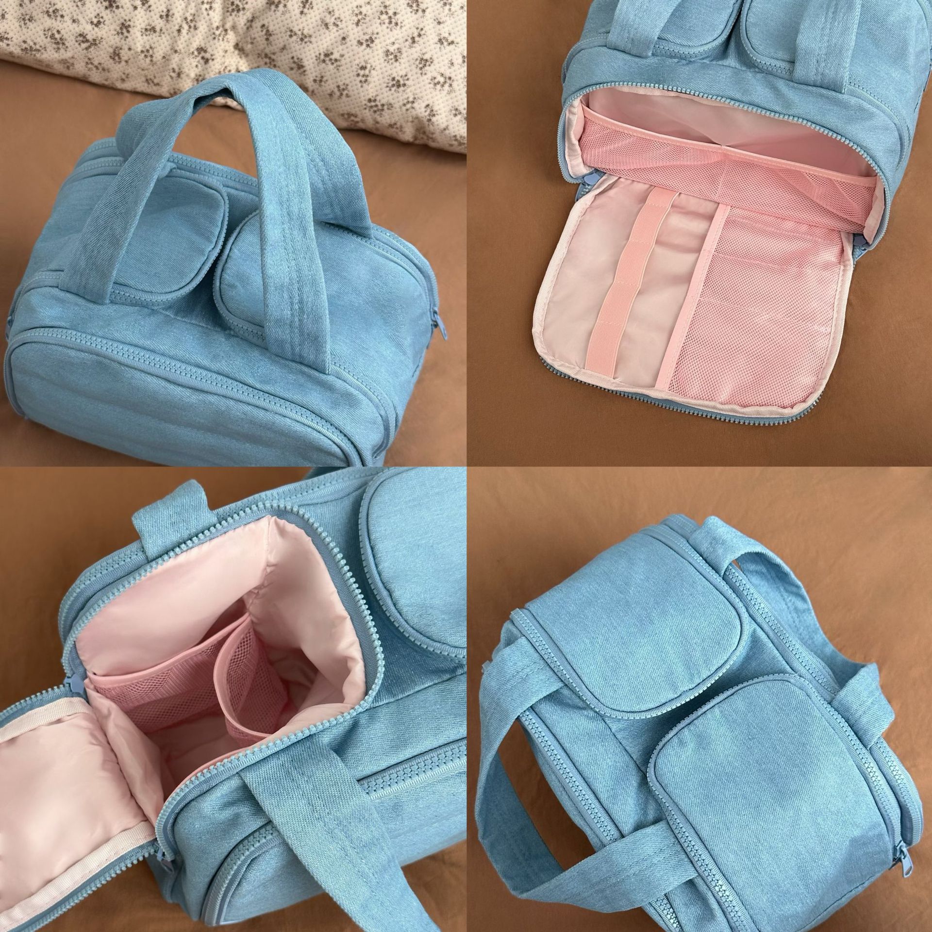 Denim double-opening makeup bag for women, portable large-capacity toiletry bag for going out, and a separate storage bag for cosmetics and brushes Specification drawing