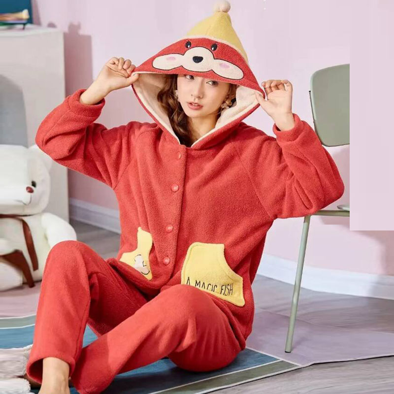 女士家居服睡衣外销绒烊PYJAMAS套头女款长袖套装外贸家居服冬季新款泰迪绒睡衣销售批发