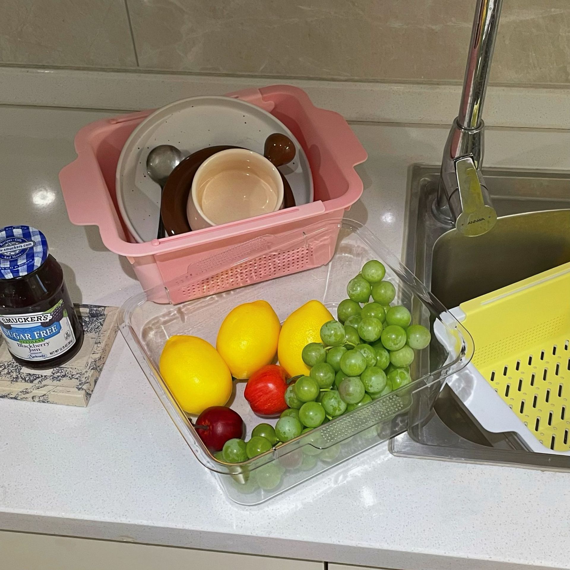 Retractable draining basket, macaron-colored double-layer dual-purpose multi-functional fruit plate, vegetable basket, home kitchenware details Picture