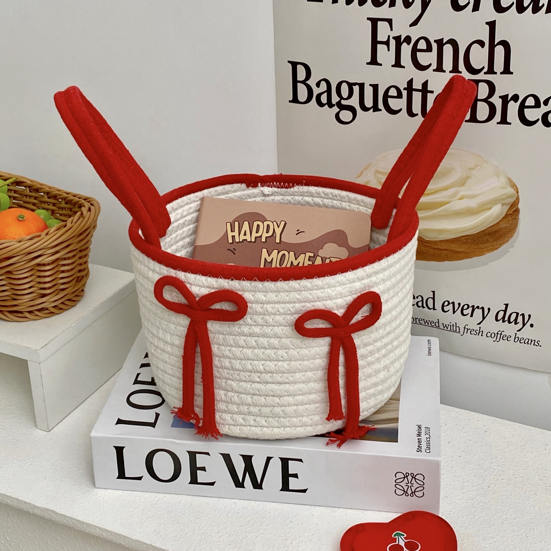 Large-capacity woven hand-held storage basket, cute cotton rope storage basket, miscellaneous items on the desktop, small snack storage basket, small basket Application Scenario