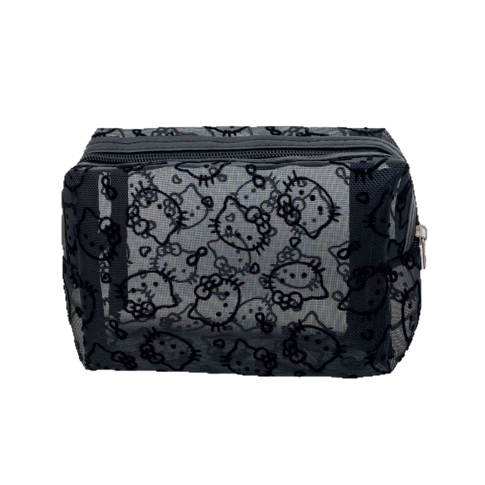 Cute black mesh cat storage bag, makeup bag, portable large-capacity storage bag for women, hand-held touch-up bag, dirt-resistant Item Picture