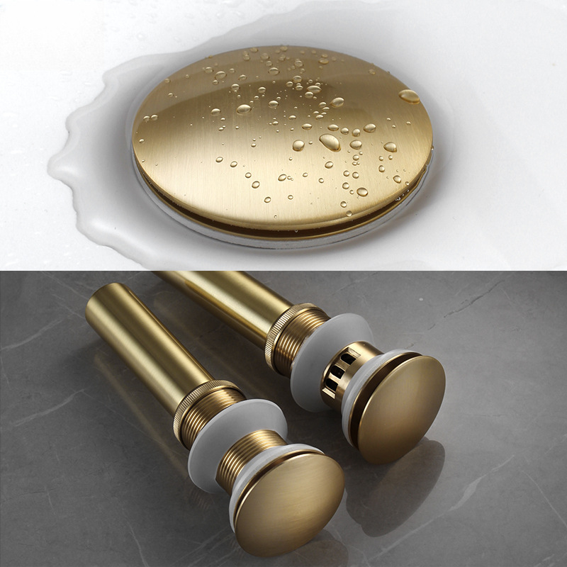 Brushed gold washbasin, washbasin, stainless steel drain, springy press, washbasin, hand basin, glass basin, drain accessories details Picture