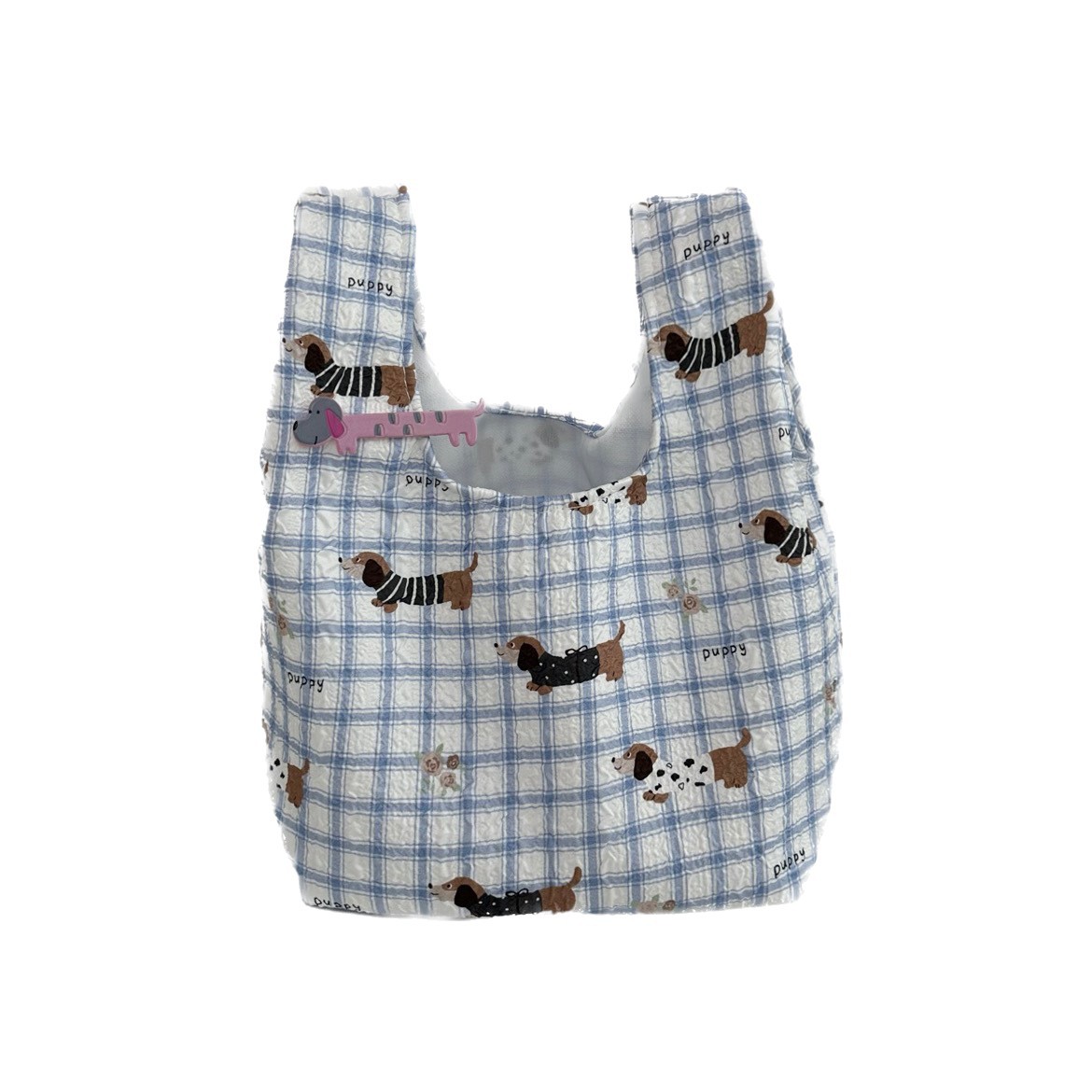 Cartoon printed handbag, fabric blue checkered Dachshund makeup bag, portable storage bag for outdoor sundries. Handbag Item Picture