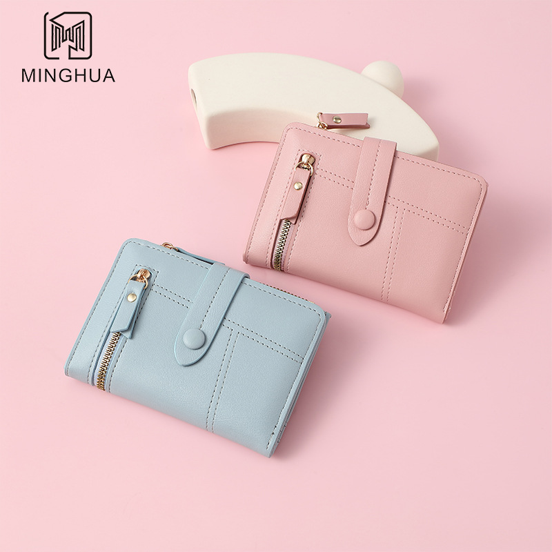 New Korean-style wallet women's buckle card case leather texture solid color simple cross-border wallet zipper coin purse wholesale details Picture