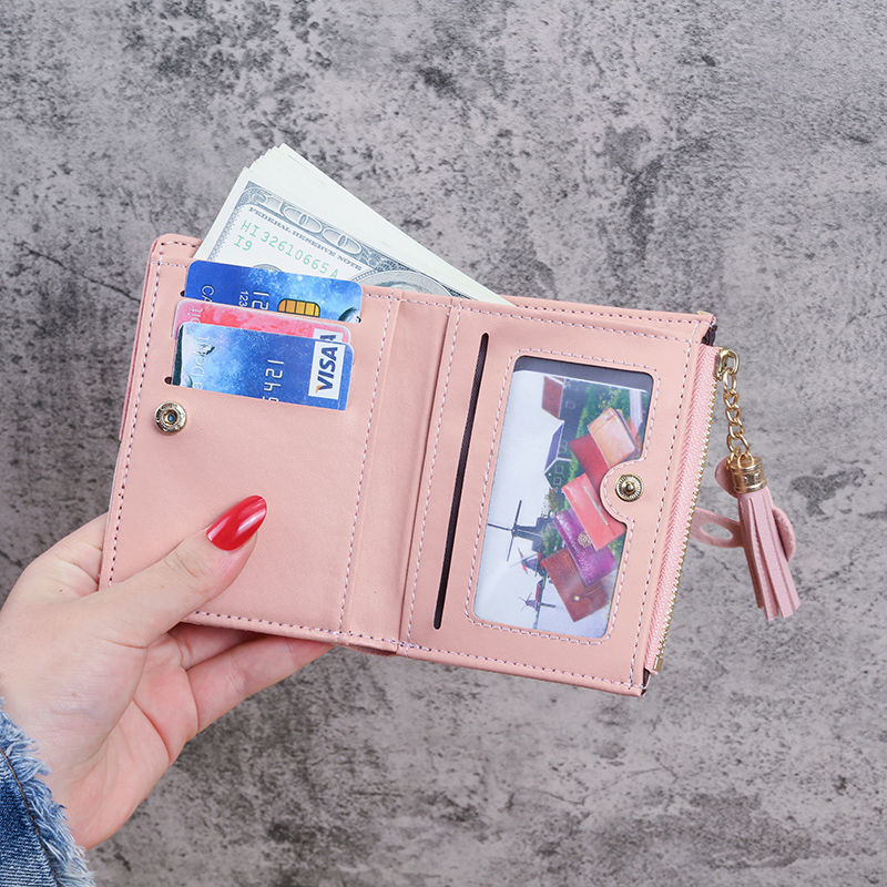 A new short Korean-style, color-blocking, fringed, ultra-thin two-fold wallet for women, a fresh card case, and a women's coin purse details Picture