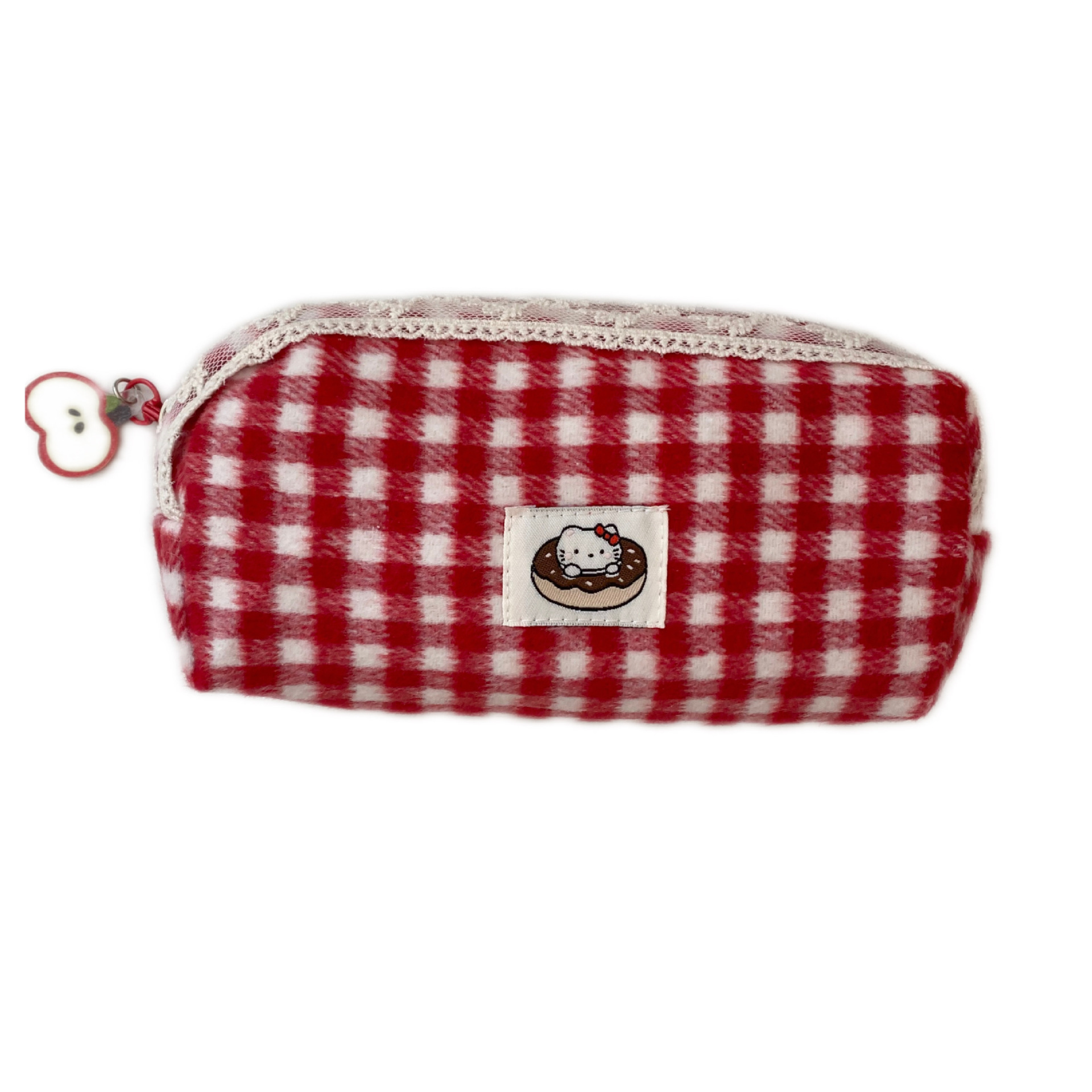 Retro lace red checkered pencil case, a new large-capacity portable student stationery box and pencil storage bag Item Picture