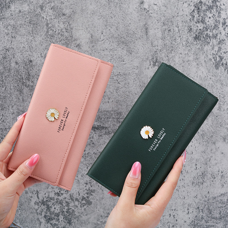 2021 Korean version new wallet for women, long zipper, large capacity, simple Daisy, versatile clutch, mobile phone case Specification drawing