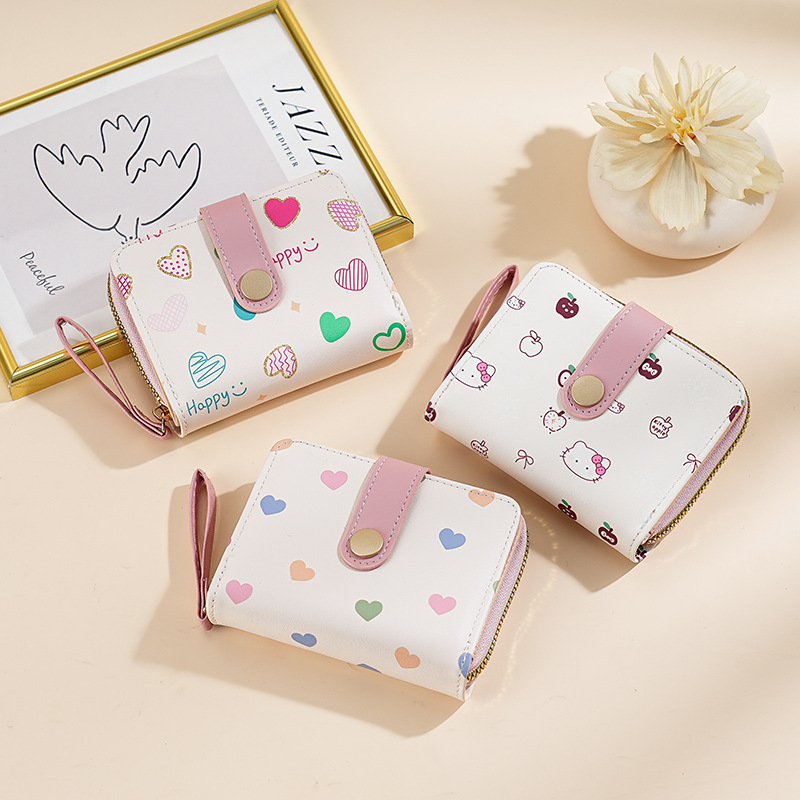 New simple and heart-shaped little cat Japanese-style women's buckle pocket, hand-held multi-functional short wallet for women full figure