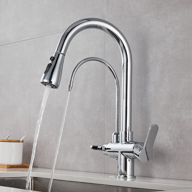 American-style kitchen faucet with pure water faucet, all-copper hot and cold water pull-out sink faucet, and sink faucet Specification drawing