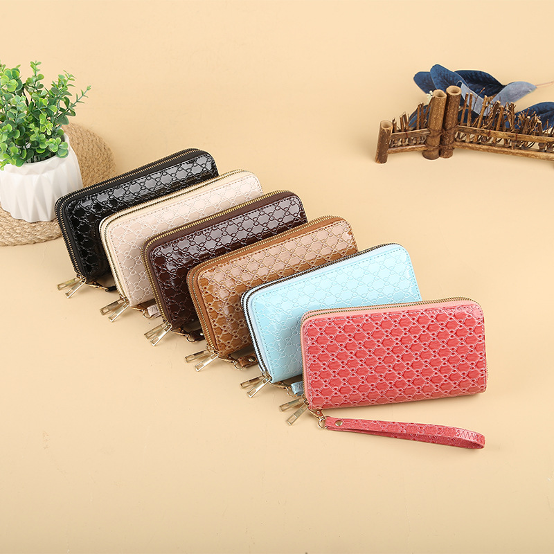 Double-zipper high-gloss printed zipper bag for ladies, fashionable long phone bag, business card bag, and hold the wallet together full figure