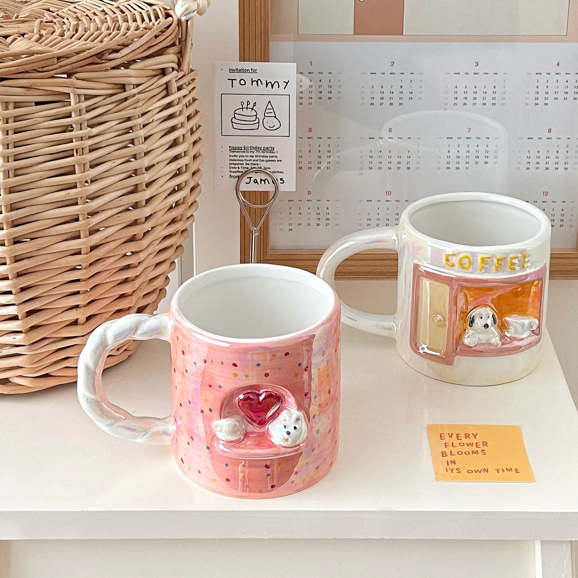 Cartoon heart-shaped puppy mug, girlish heart, high appearance level ceramic cup, couple breakfast coffee cup, high-temperature resistant water cup Specification drawing