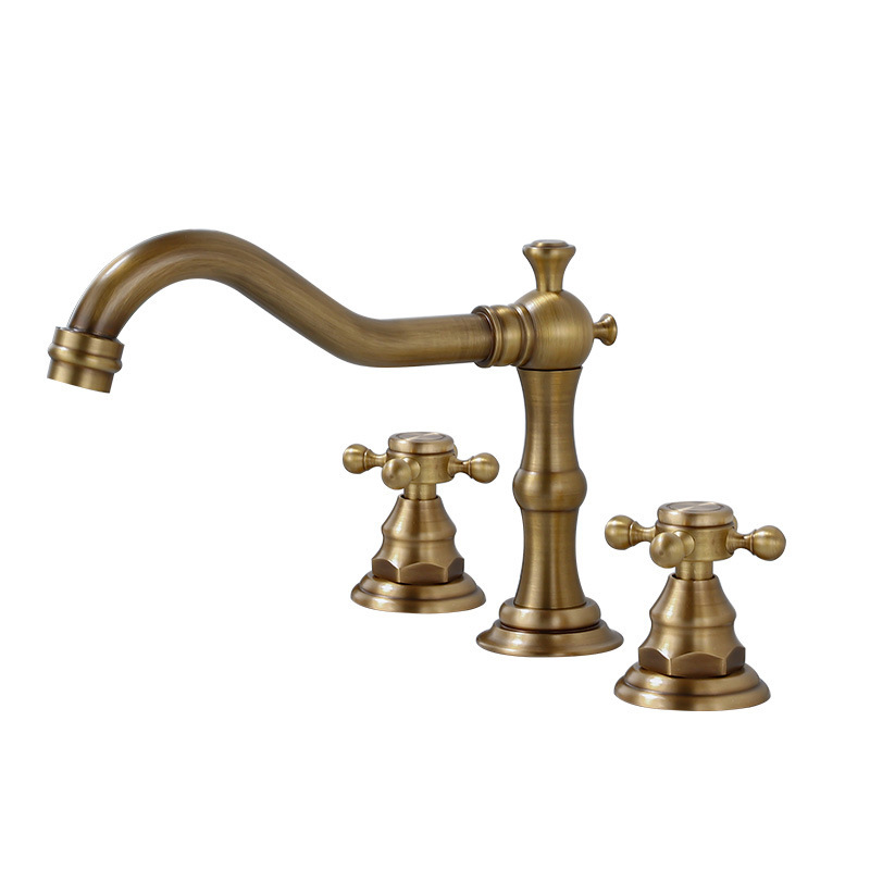 Antique and retro three-piece set, three-hole European-style hot and cold water basin, faucet, bathroom cabinet, split brass washbasin Item Picture