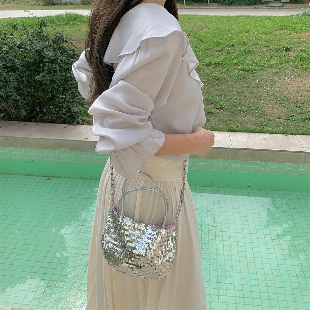 53131 New trendy sparkling pink with silver sequins, small and large capacity commuting single-shoulder canvas handbag details Picture