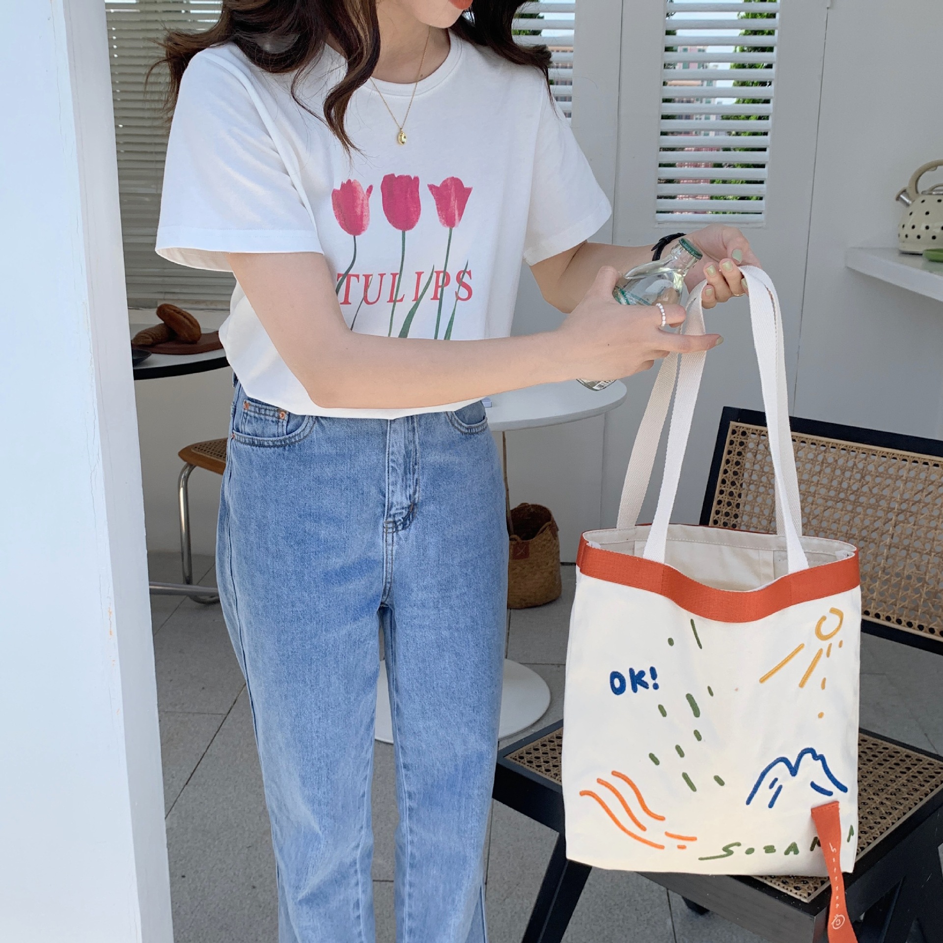 25201 contrasting color woven strap canvas bag, embroidered single-shoulder bag, large-capacity female student hand-held tote bag for shopping wholesale details Picture