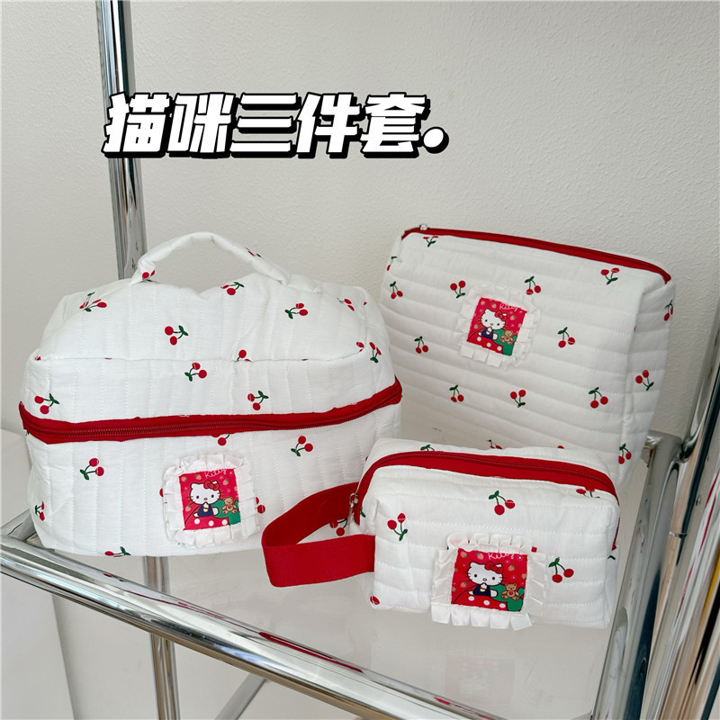 Cherry cat makeup bag, large capacity, Ins-style cute storage bag, student portable stationery bag, portable toiletry bag full figure