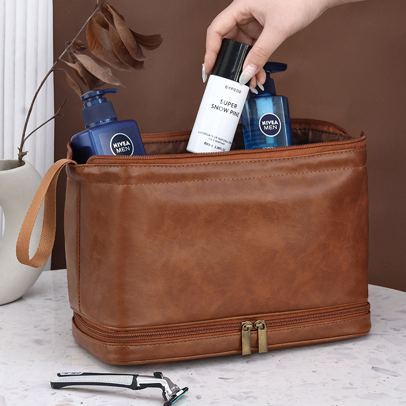 Cross-border PU storage bag, toiletries bag, double-layer British style men's hand-held cosmetics, high appearance level, large capacity, portable full figure