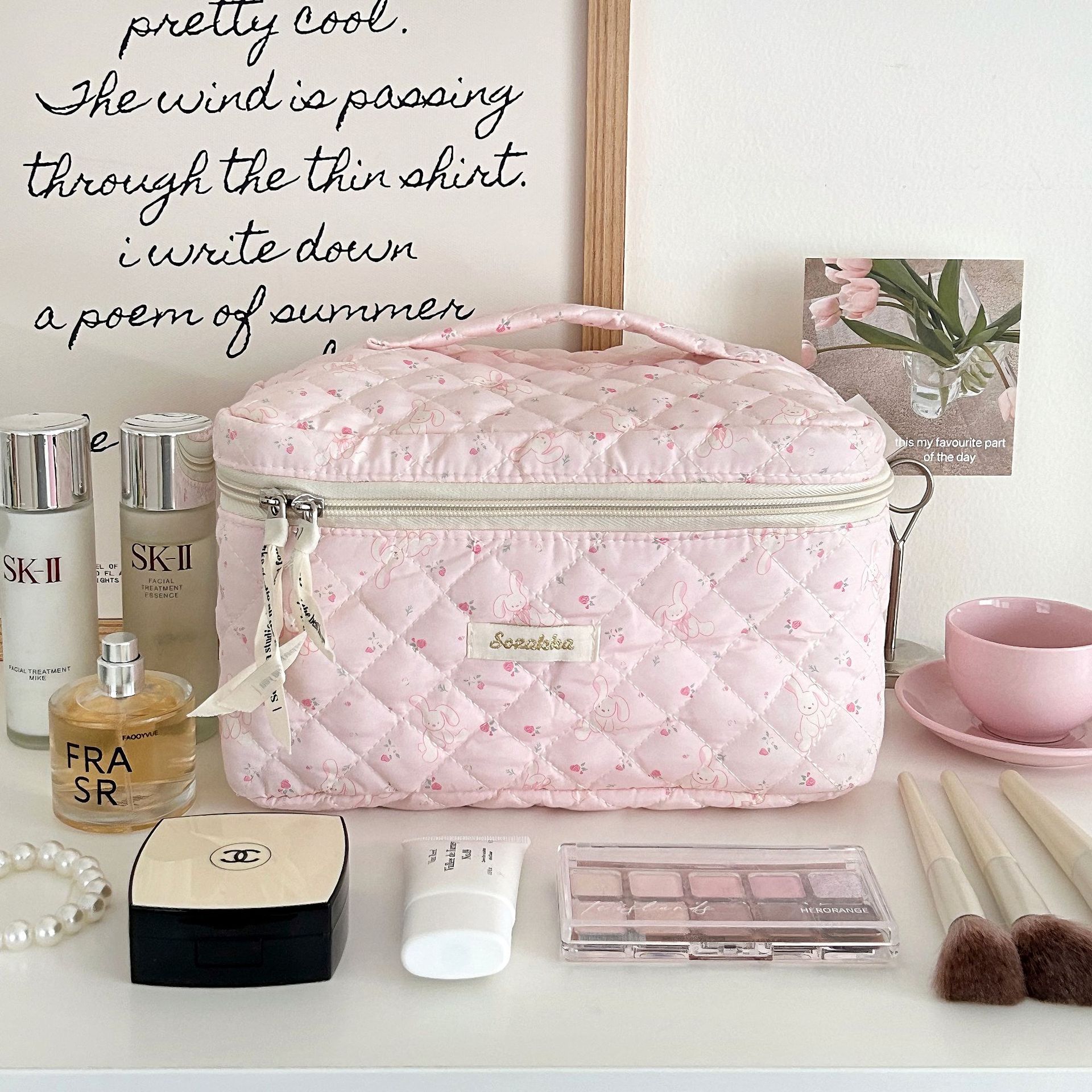 Cartoon soft makeup bag for women, large-capacity portable travel skincare and toiletries bag, hand-held storage bag Application Scenario