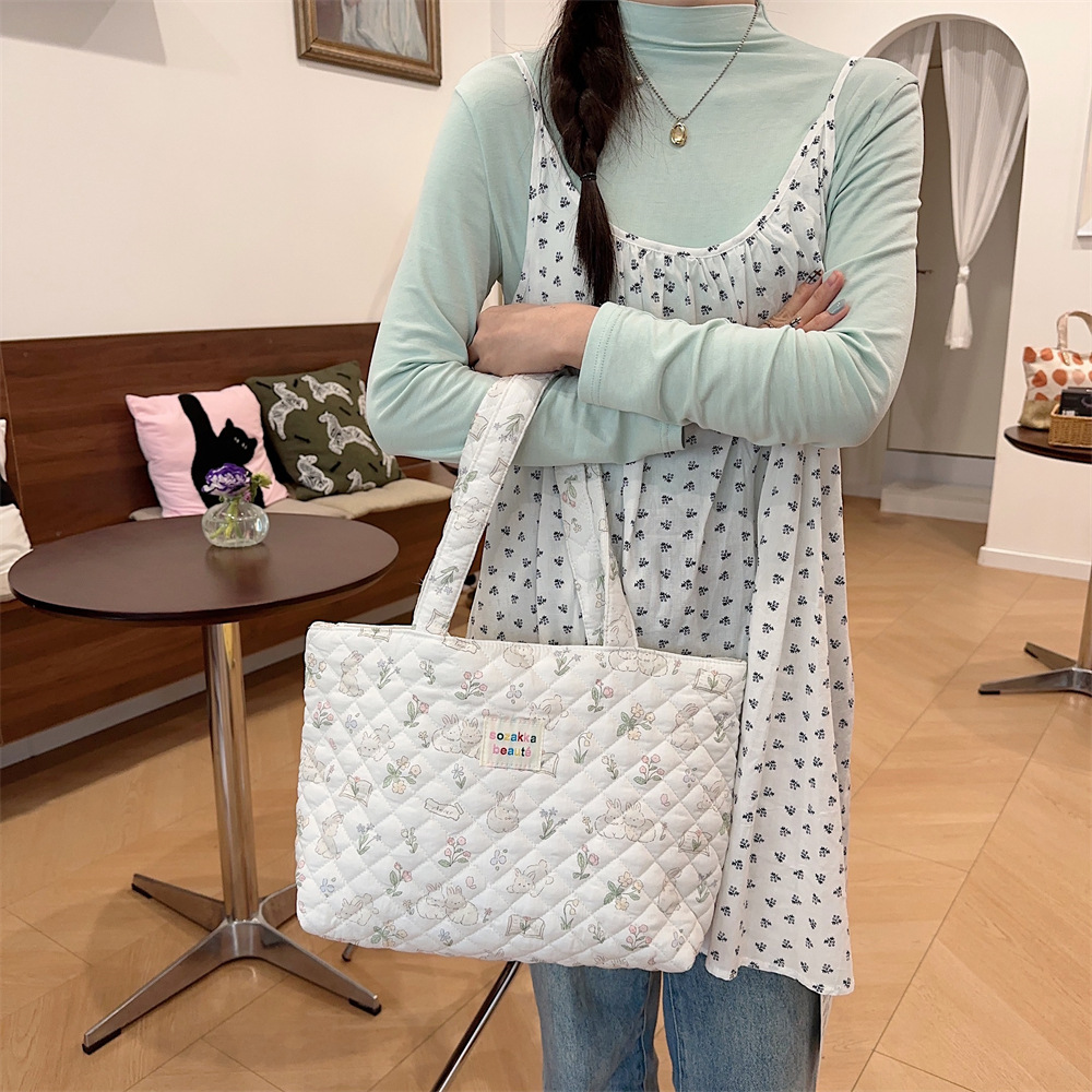 4362 Quilted cotton-padded large-capacity single-shoulder tote bag, hand-held commuter bag, new spring student class bag for women details Picture