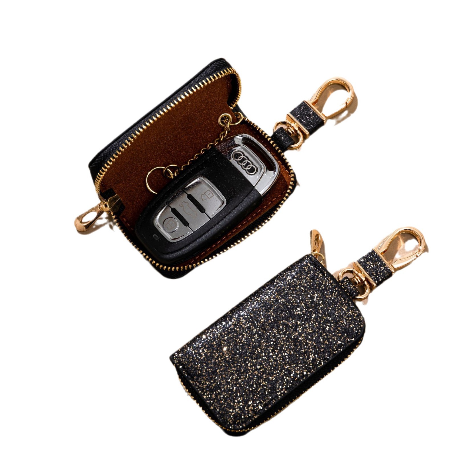 Cross-border car key case for both men and women, universal car key storage case, creative star shining leather pendant keychain Item Picture