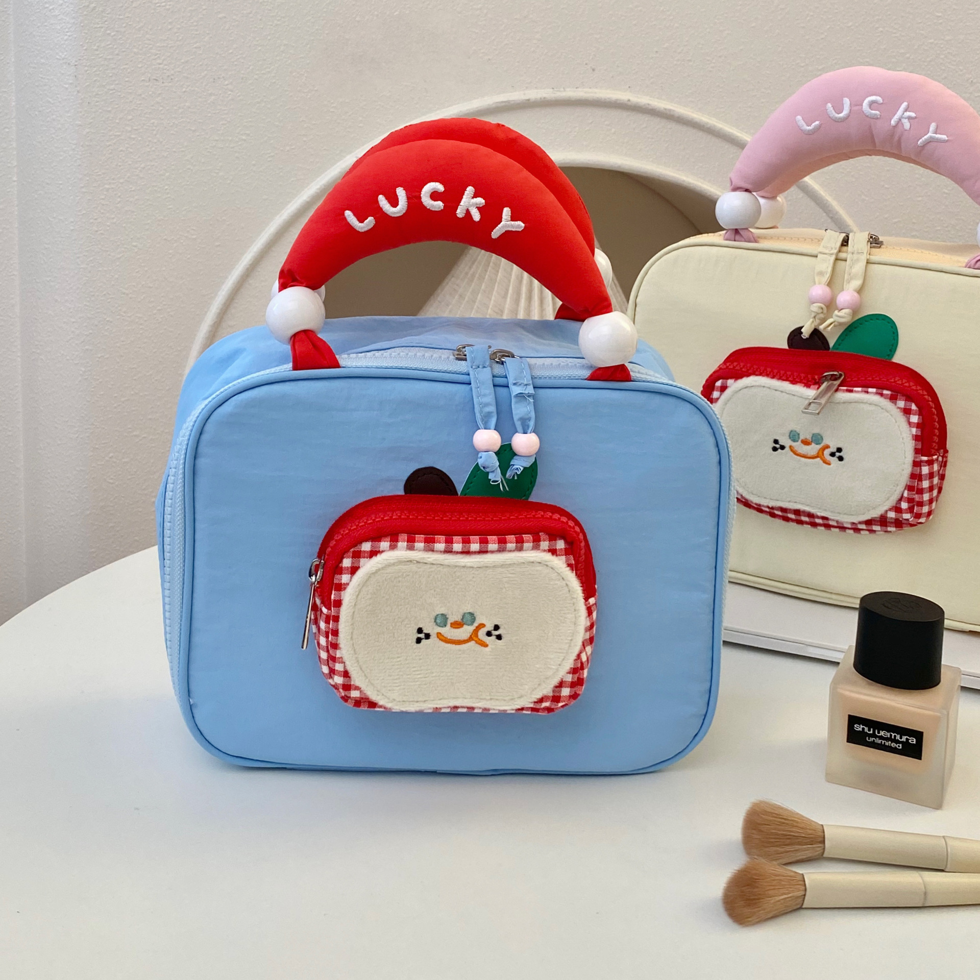 Cartoon Apple hand-held makeup bag for women, high-end large-capacity makeup bag, hand-held toiletry bag, layered travel storage bag details Picture