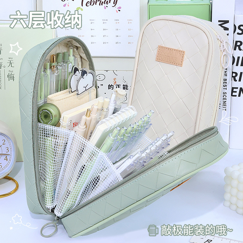 Multi-functional large-capacity pen case, portable high-appearation-level pencil case, Korean-style woven pen holder, stationery box, six-layer storage bag full figure