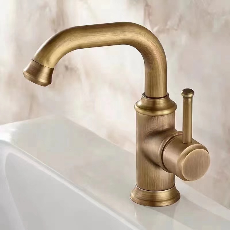 European-style retro countertop basin hot and cold water faucet, brass antique faucet, sitting single-hole washbasin mixed faucet details Picture