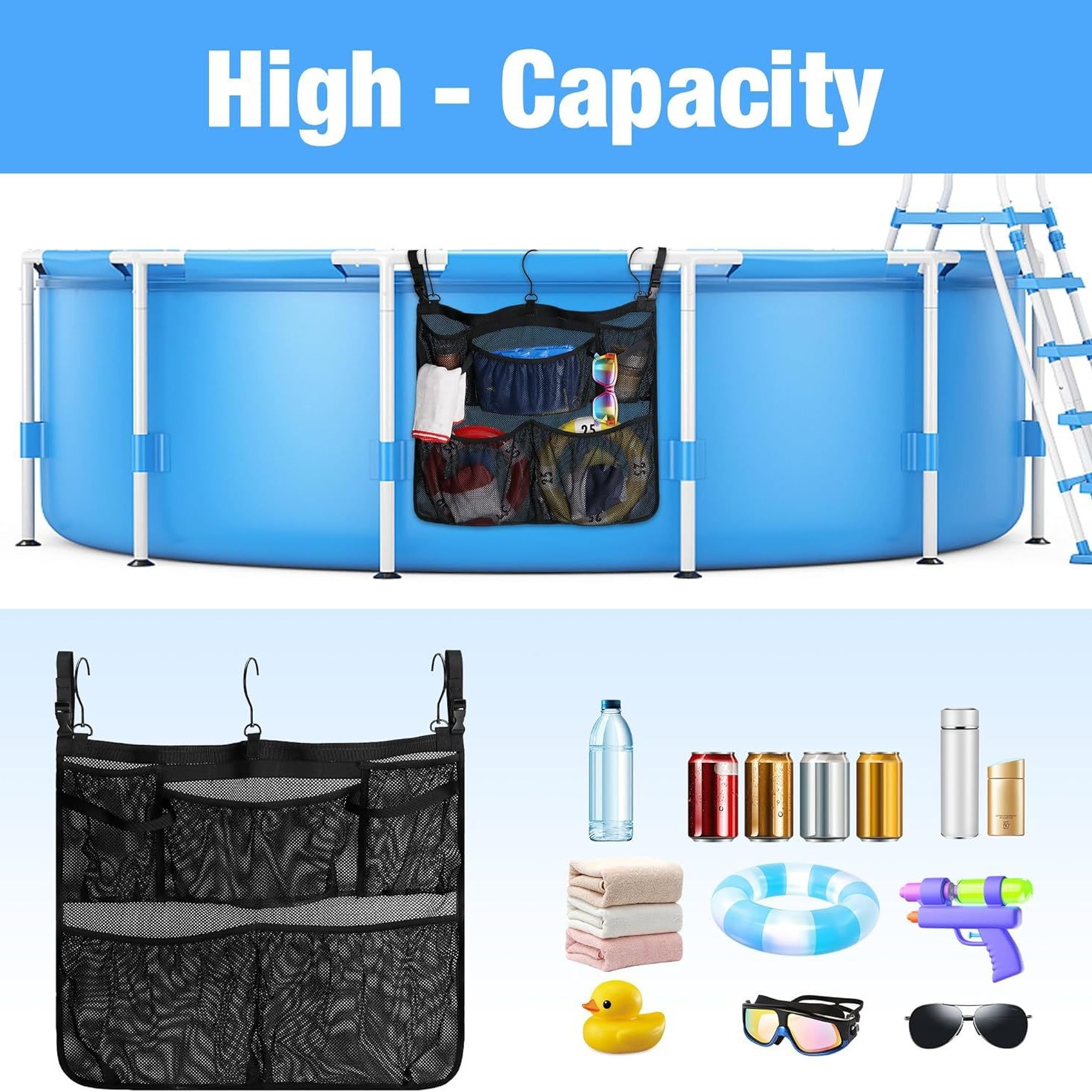 Summer clothing, multi-functional outdoor swimming pool hook storage bag, toy storage bag, extra-large bath hanging net bag Specification drawing