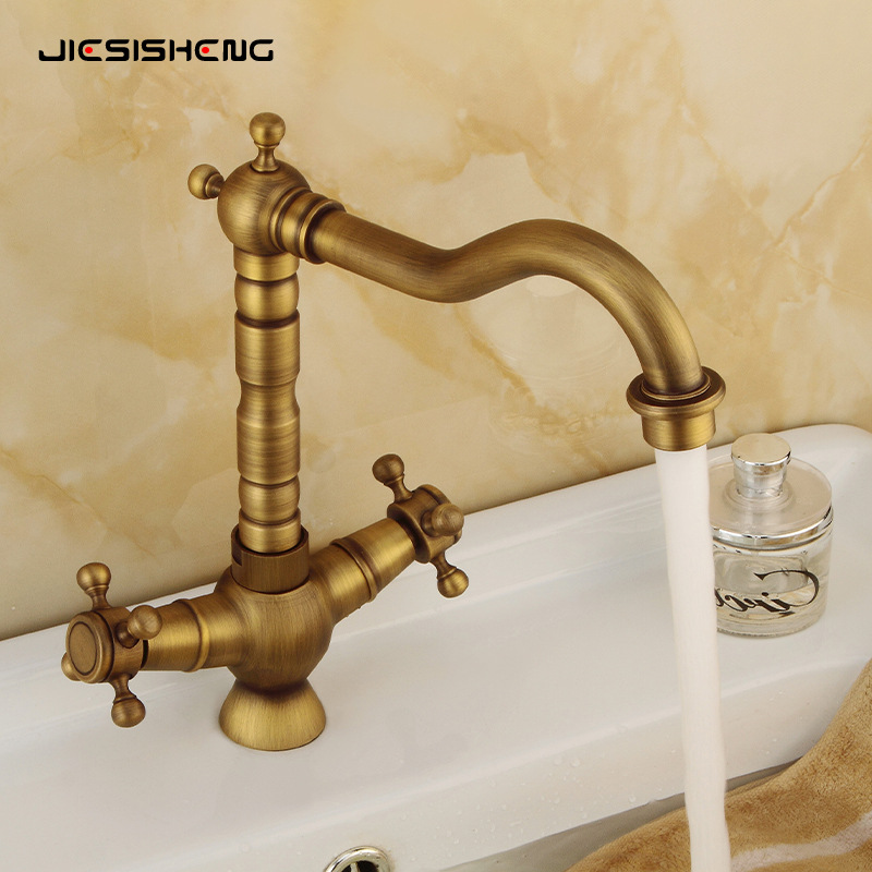 Cross-border brass antique double-handle handwheel washbasin faucet, household kitchen sink, sink, hot and cold water faucet, splash-proof Specification drawing