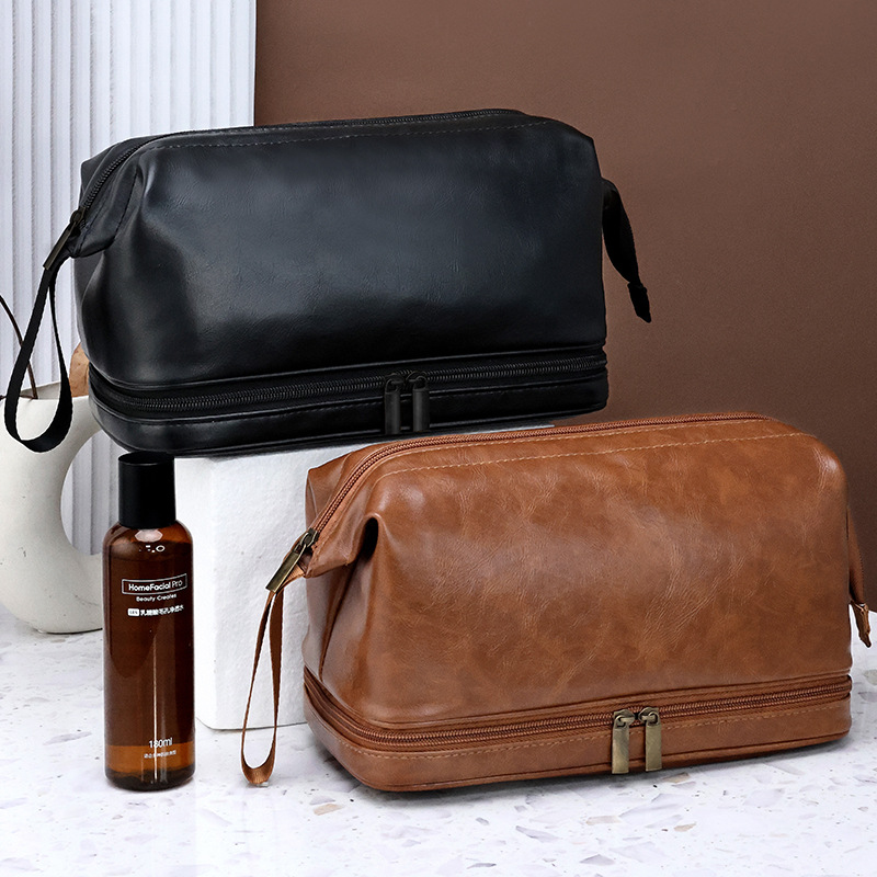 New PU men's hand-held cosmetics with a high level of appearance, double-layer British style, large capacity and portability full figure