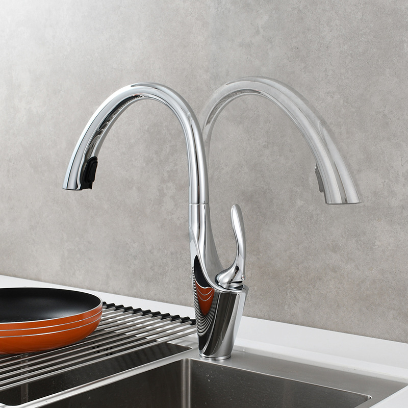 Copper pull-out kitchen faucet, hot and cold dish basin, sink faucet, shower head, dual water outlet, rotatable faucet Application Scenario
