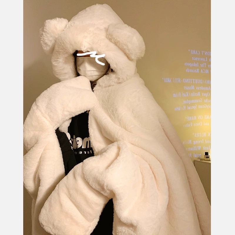 Little bear plush blanket, women's winter thickened warm cape blanket, nap office lazy person's shawl, hooded cape full figure