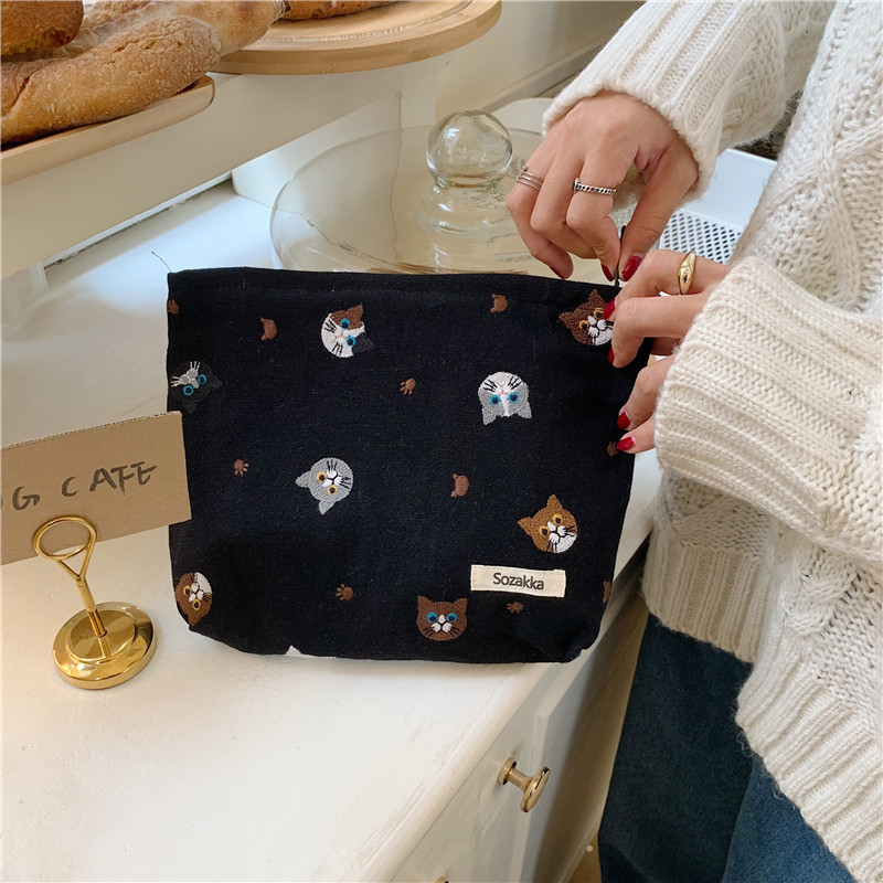 【 In Stock 】110224 Makeup bag, Japanese ins cotton and linen cat phone case, girl lipstick storage bag, pen case Specification drawing