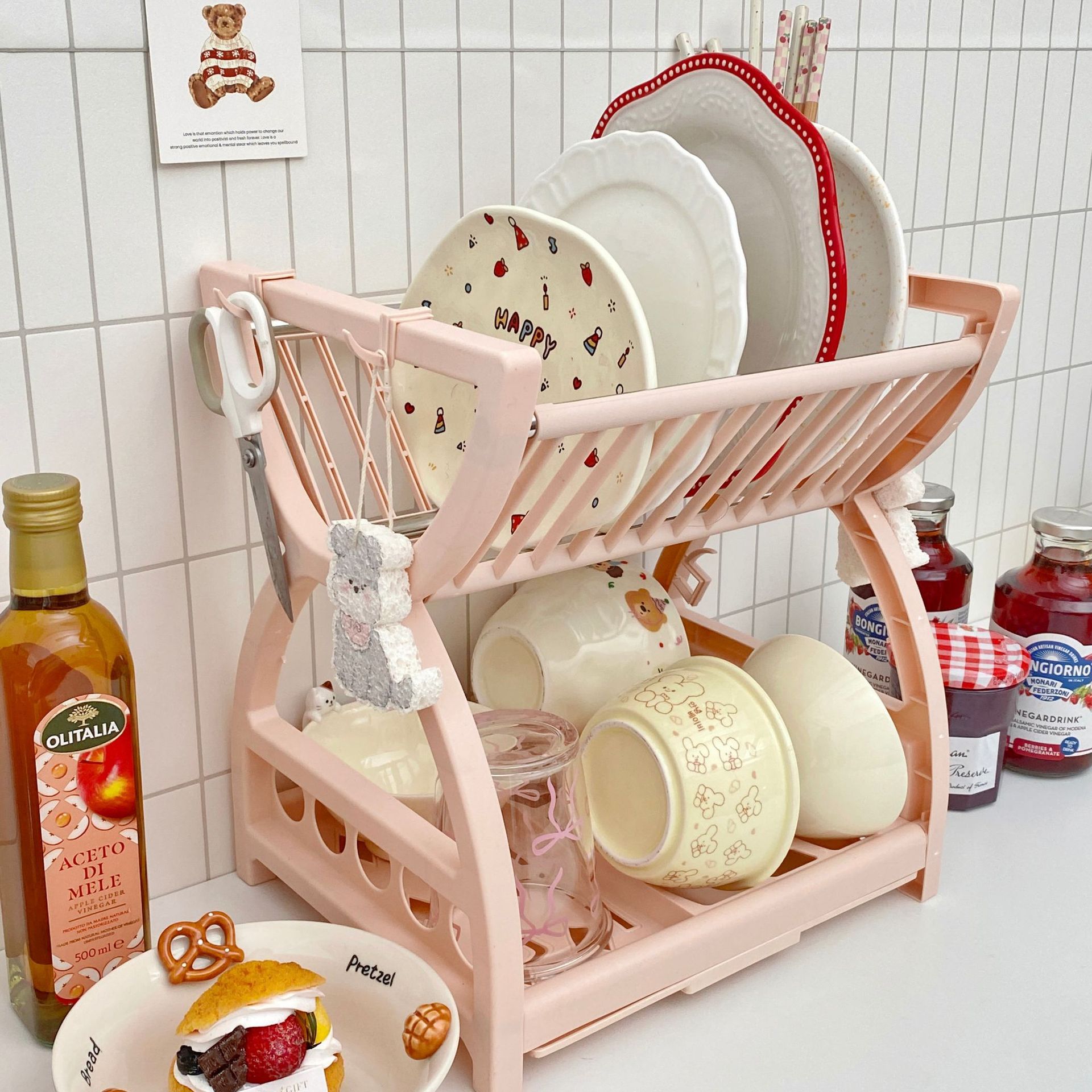 Minimalist kitchen storage rack, multi-functional storage rack for bowls, plates, chopsticks, knives, double-layer tableware draining rack and storage box details Picture