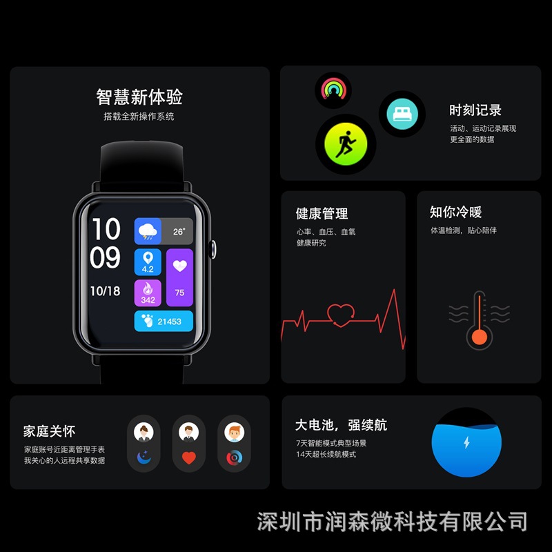 Cross-border foreign trade smartwatch Q19Pro Bluetooth heart rate, blood pressure and body temperature information multi-functional waterproof sports watch Specification drawing