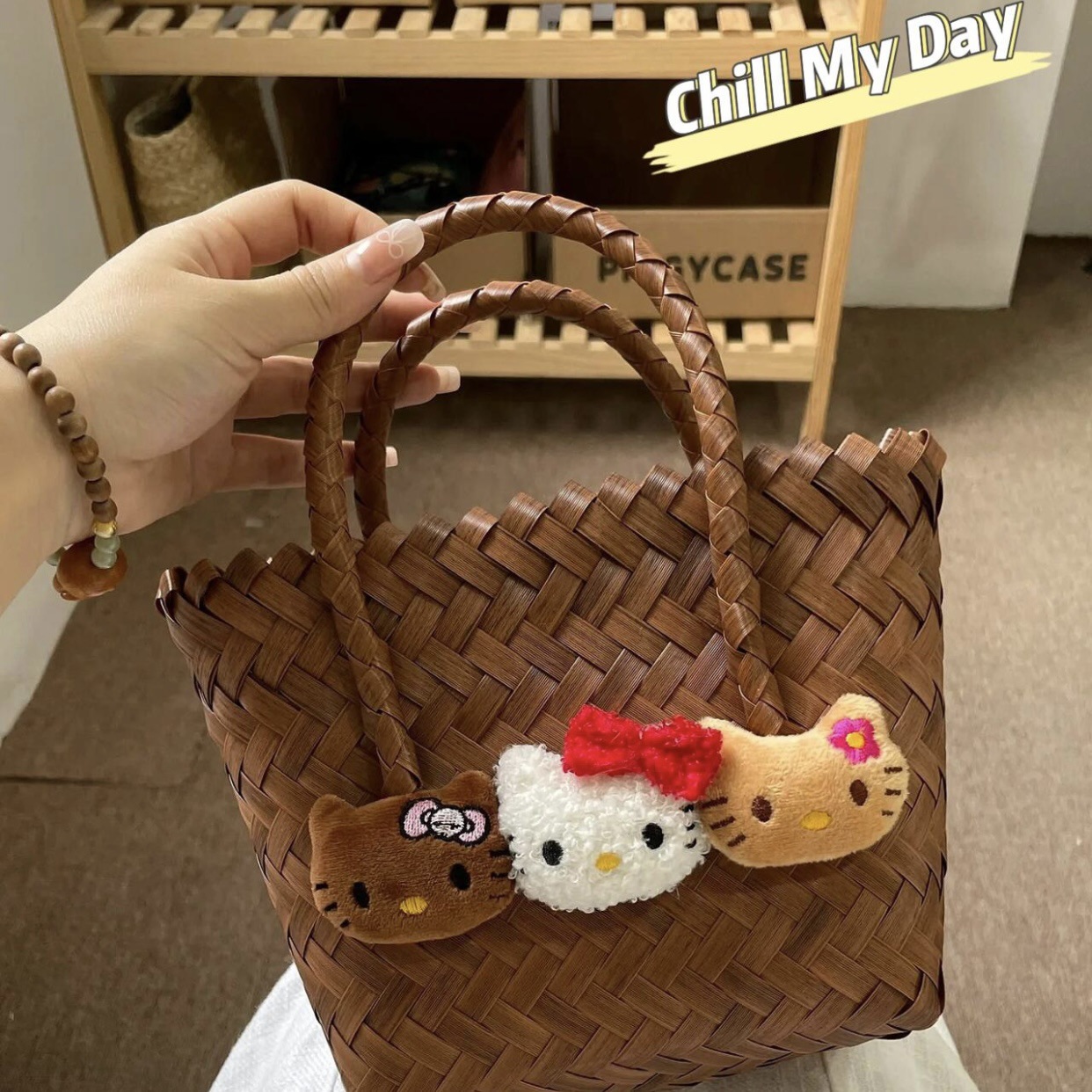 High-end beach bag, homemade summer cat, handcrafted with rattan imitation, cute vegetable basket, extra thick handbag for women Specification drawing