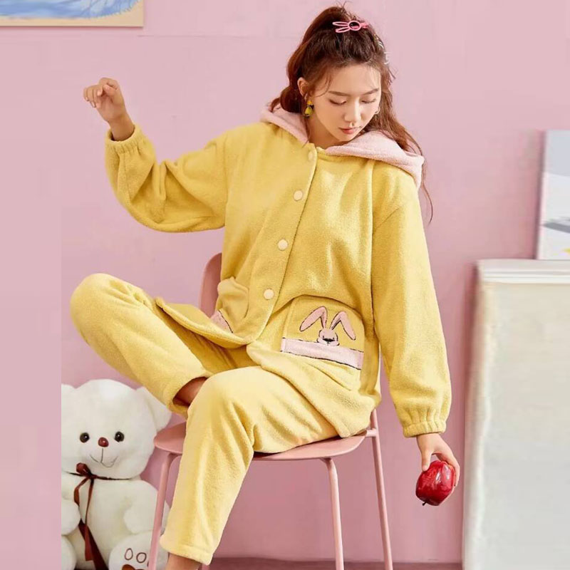 Women's home wear and pajamas for export, fleece PYJAMAS pullover, women's long-sleeved set, winter new style of foreign trade home wear, Teddy fleece pajamas for wholesale and sale Item Picture