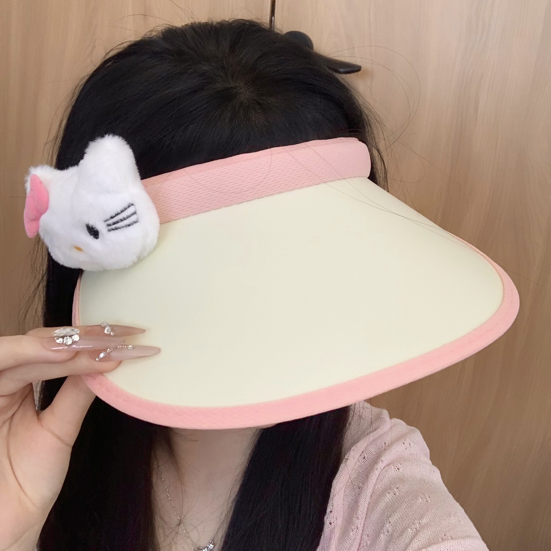 Summer cartoon cat sun protection cap, large brim, women's open top, sun protection and UV protection portable outdoor travel sun protection cap full figure